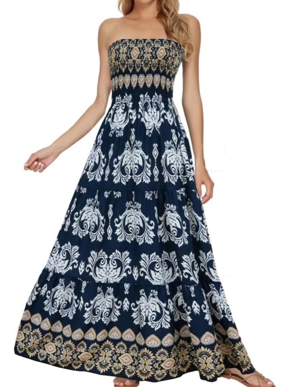 Women's Navy White Flower Tube Top Off Shoulder Boho Beach Long Maxi Dress